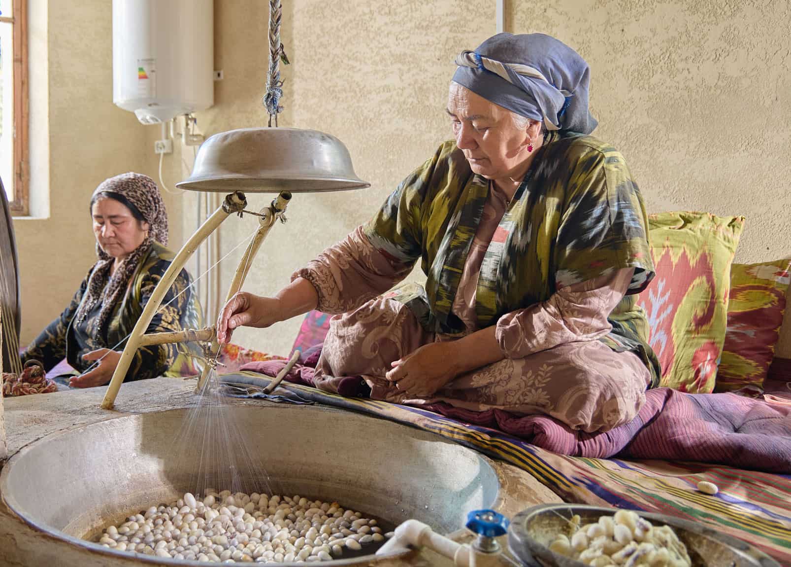 Silk making starting from cocoons - Margilan, Fergana Valley handicrafts, Uzbekistan