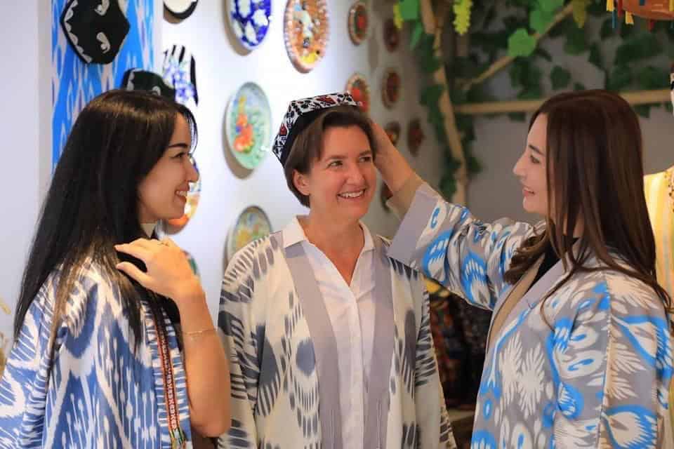 Silk Granat handicrafts shop with Uzbek National clothes in Namangan, Fergana Valley