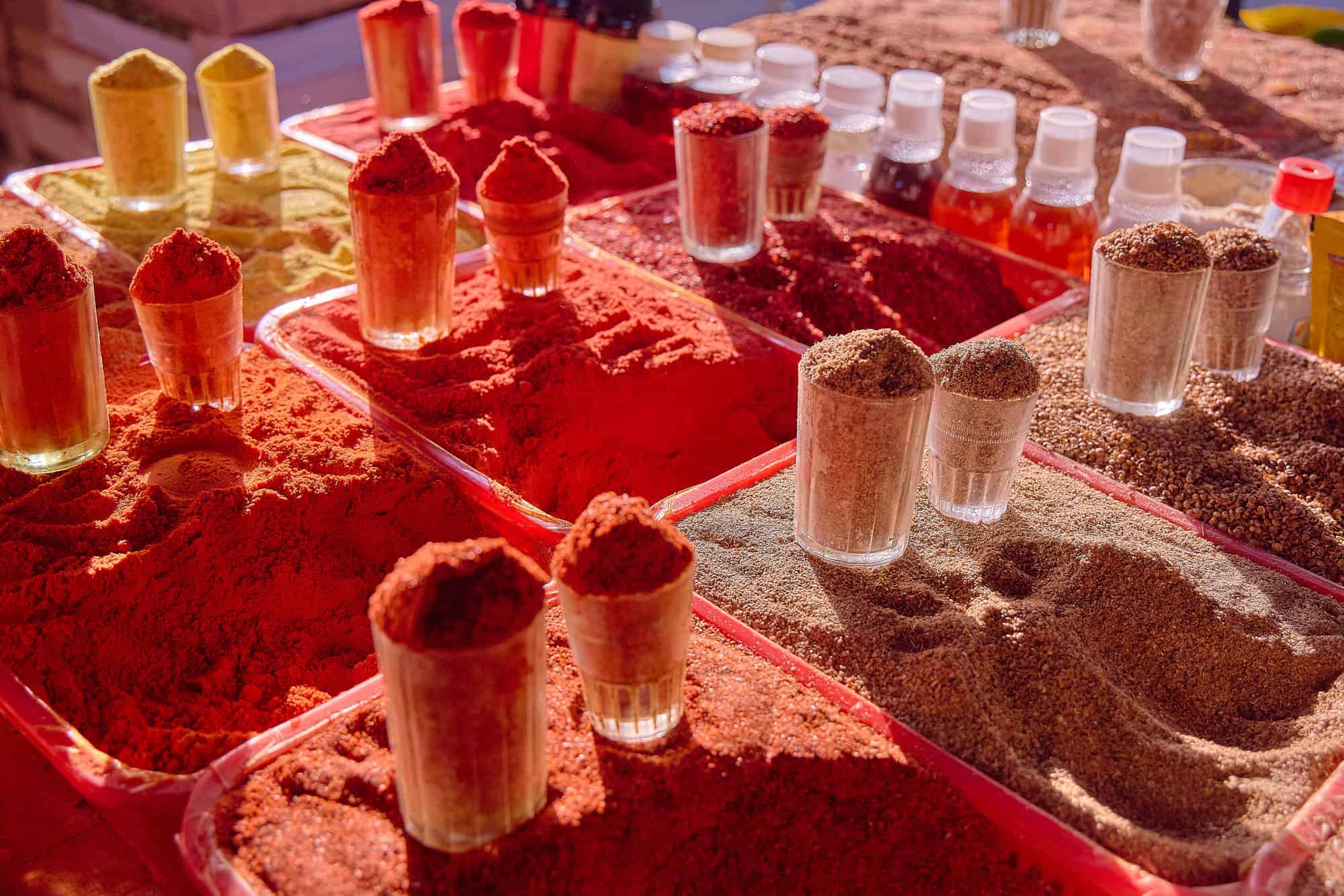 Piles of spices at a market in Fergana Valley, Uzbekistan